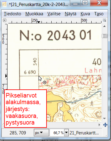 Kuvasta merkitään muistiin kartan kuva-alueen nurkkapisteen paikka kuvatiedostossa pikseleinä sekä sen koordinaatit.