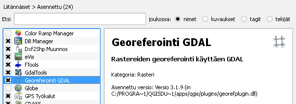 Liitteessä 2. on toimiviksi testatut komennot karttalehden 204301 eri ikäisille kartoille. Menetelmä 2: Georeferointi QGIS-ohjelmalla QGIS-ohjelmassa on varsin hyvä georeferointiohjelma.