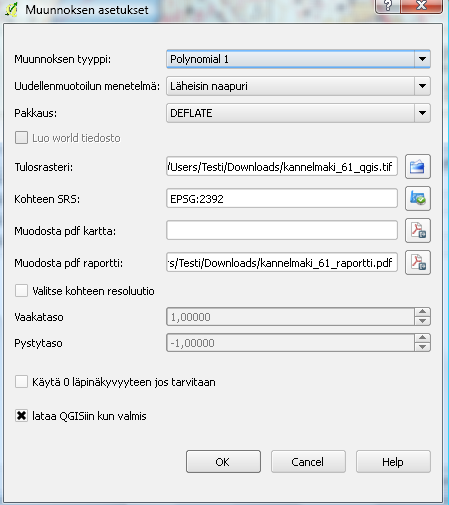 Viimeistään sitten kun kaikki tukipisteet on kerätty on annettava muunnosasetukset georeferointityökalulle. Alla olevilla asetuksilla voi aloittaa ja tulos toimii ainakin QGISohjelmalla itsellään.