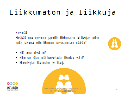 Jaetaan ryhmä kahteen osaan: Toinen piirtää fläpille sellaisen nuoren, joka ei harrasta liikuntaa ja toinen ryhmä piirtää omalle fläpilleen nuoren joka