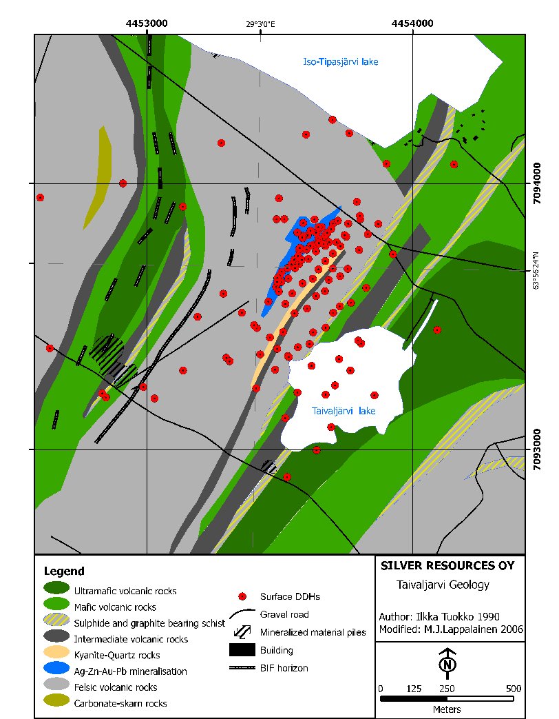 Paikallinen geologia Malmi sijitsee happamassa vulkaniitissa, jota ympäröi emäksiset vulkaniitit Malmin isäntäkivenä on raitainen kvartsi-serisiitti-biotiitti-liuske, jossa on