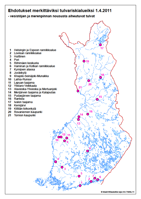 Ehdotukset merkittäviksi tulvariskialueiksi 1.4.2011 ELY keskukset ovat tehneet ko.