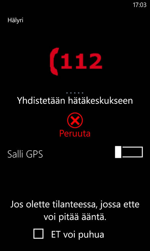 4.3 Yhteyden muodostuksen ja käsittelyn aikaiset toiminnot Yhteyden muodostuksen aikana näytetään kuvassa 4.5 esitetty näkymä. Kuva 4.5: Hätäkeskukseen yhdistämisen näkymä.