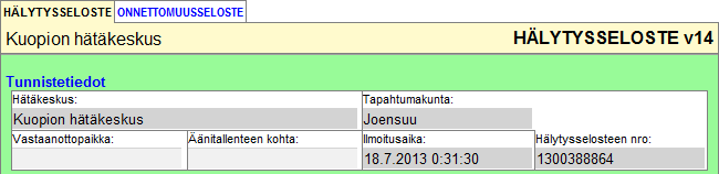 Q-3 (53) Q.1.1 Tunnistetiedot Q.1.1.1 Hätäkeskus Hätäkeskus, joka on vastaanottanut hätäilmoituksen. Tieto tulee hätäkeskuksesta. Q.1.1.2 Tapahtumakunta Kunta, jonka alueella onnettomuus on tapahtunut tai saanut alkunsa.