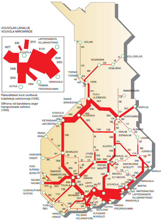 28 000 VR:n tavaraliikenne (1000 tonnia) vuosina 2000-2009. (Lähde: Ratahallintokeskus) VR:n tavaraliikenteen kuljetusvirrat 2009.