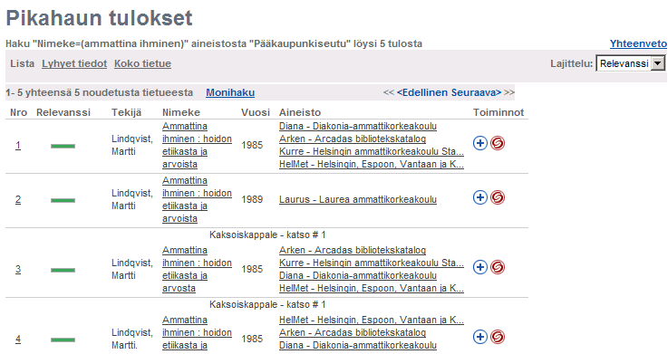 6 Pikahaku (teoksen hakeminen pikahakuryhmään kuuluvien kirjastojen kokoelmista) esim. Mistä pääkaupunkiseudun kirjastosta teos ammattina ihminen löytyy?