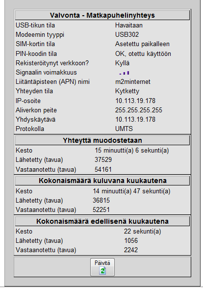 Jos Yhteyden tila on Yhteys katkaistu kahden minuutin kuluttua, tarkista, että matkapuhelinyhteyden asetukset ovat oikein. 12. Valitse Yhteyden katkaisu vasemmalla olevasta valikosta. 13.