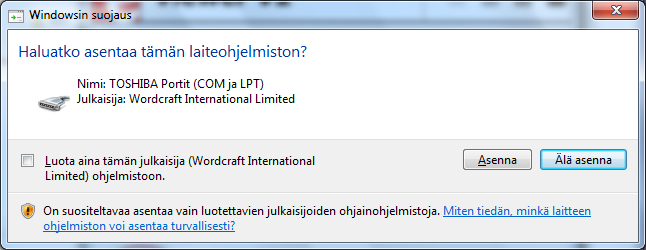 3. TOSHIBA USB -monitoimilaitteiden ohjaimet on nyt esiasennettu Windowsiin, joten ne löydetään, kun järjestelmään liitetään yhteensopiva TOSHIBA USB -monitoimilaite.