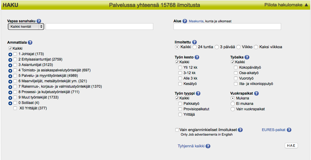 TE-palvelut www.te-palvelut.fi (ainakin tätä kirjoitettaessa vanha www.mol.fi toimii myös) valitse Työnhakijalle. Käydään erilaiset haut läpi: alueen valinta, alan valinta ja vapaa sanahaku.