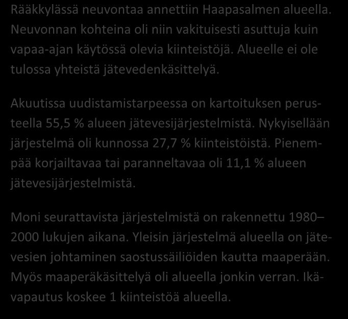 Liite 2 Haapasalmi / Rääkkylä 31 / 2014 JÄSSI 2014 Pohjois-Karjala Aluekortisto x x Pohjavesialue Ranta-alue Taajaan asuttu alue Tavallinen haja-asutusalue Vedenottamon suoja-alue Vesihuollon