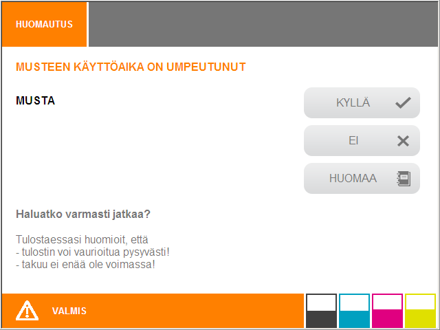 Puhdistus ja huolto Kun mustekasetin viimeinen käyttöpäivämäärä lähestyy, kosketusnäytössä näkyy automaattisesti vastaava ilmoitus.