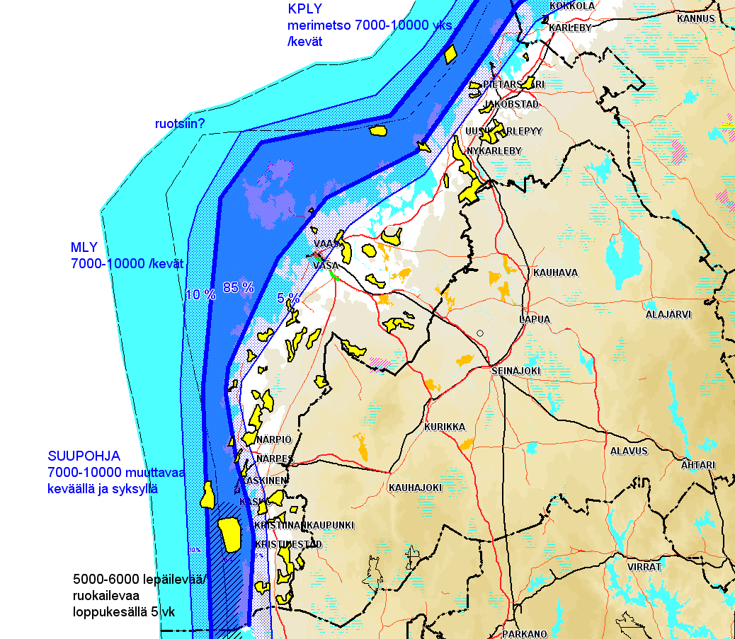 Kuva 10. Merimetson muutto Pohjanmaan rannikolla. Merikotkan pesimäkanta on vahvistunut Itämerellä erityisesti 1990-luvulta lähtien.