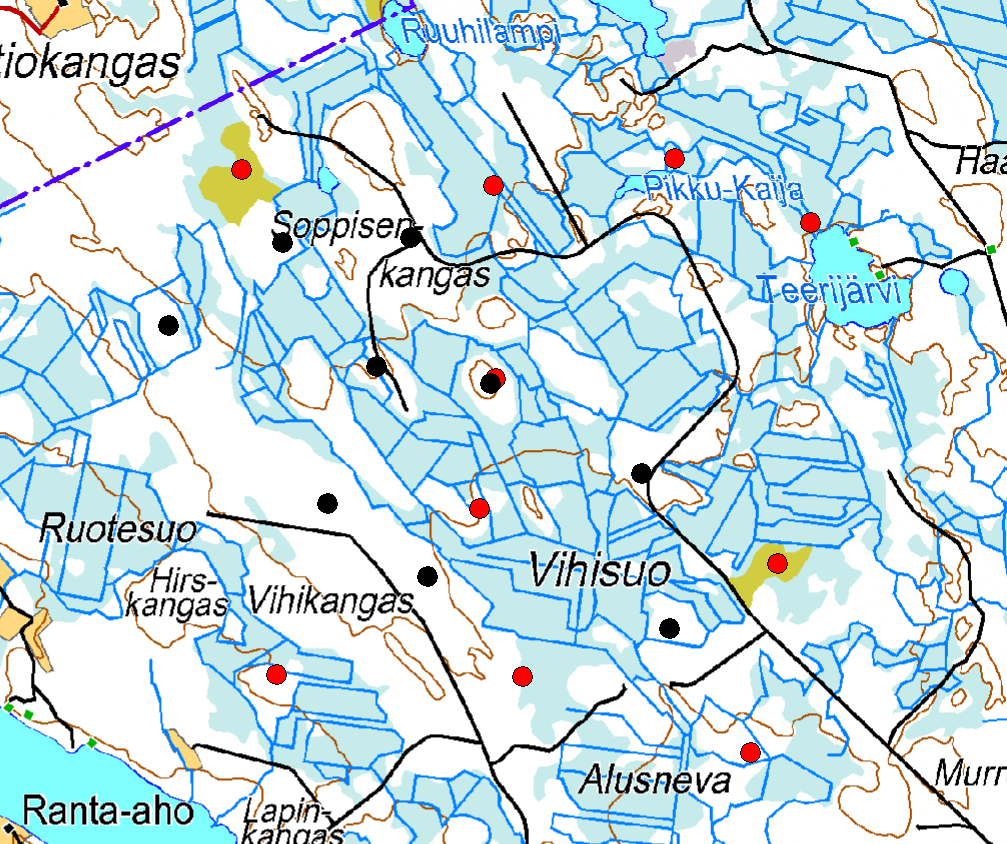 FCG SUUNNITTELU JA TEKNIIKKA OY Vihisuon lisäselvitykset 4 (10) 3.2.2 Teeri Kuva 4. Havaitut teeren soidinpaikat (punaiset pisteet). Mustalla on esitetty kaavan mukaiset voimalapaikat.