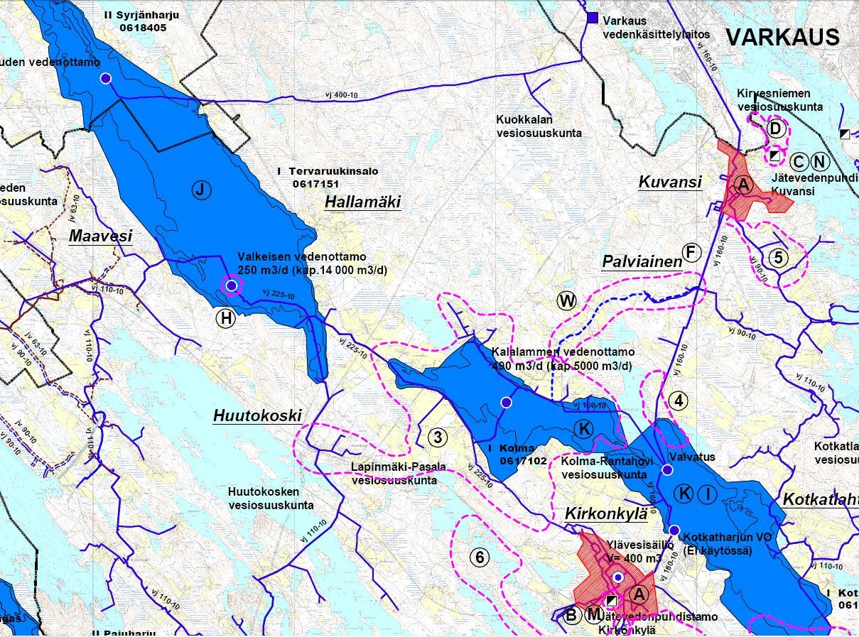 Kuva: Kunnan vesihuoltolaitoksen kehittämistarpeet kartta [2] Huutokoski Kolma Hyttilänkylä välisen alueen viemäröinti Alueelle tultaisiin rakentamaan viemäriverkosto kirkonkylän taajaman verkostosta.