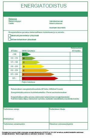 Uudisrakennuksen energiatodistus Rakennuslupaa haettaessa on hakemukseen liitettävä rakennuksen energiaselvitys, joka sisältää energiatodistuksen Ennen rakennuksen käyttöönottoa