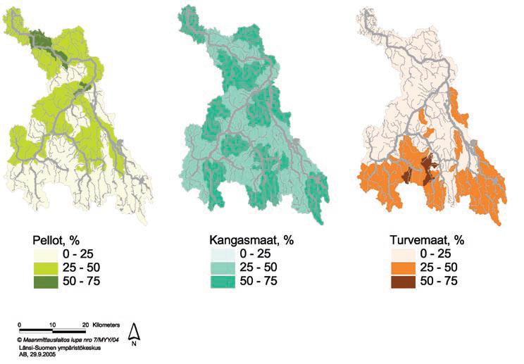 - Kyrönjoki Koko Kyrönjoen valuma-alueen maankäyttö on erittäin intensiivistä ja Kyrönjoen joillakin osavaluma-alueilla voi peltojen osuus olla jopa 60 % (Rautio ym. 2009) (kuva 5).