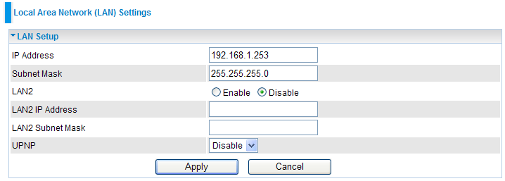 4.2 LAN Setting 4.2.1 LAN IP Address: Enter the preferred IP address. Default is 192.168.0.253. Subnet Mask: Enter the preferred subnet mask. Default is 255.255.255.0. LAN2: This function enables the creation of multiple virtual IP interfaces for this device.