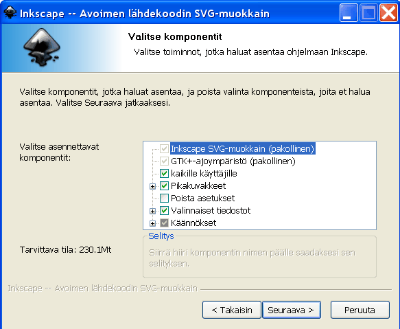 Seuraavaksi näet lisenssisopimuksen. Jos et suostu sen ehtoihin voit painaa Peruuta, mutta silloin et voi asentaa Inkscapea.