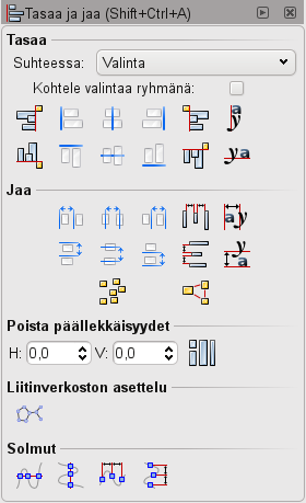 Tasaaminen ja jakaminen Tasaa ja jaa siirtää useita valittuja kohteita samalle akselille ja jakaa ne tasaisesti suhteessa valittuun ankkurikohteeseen.