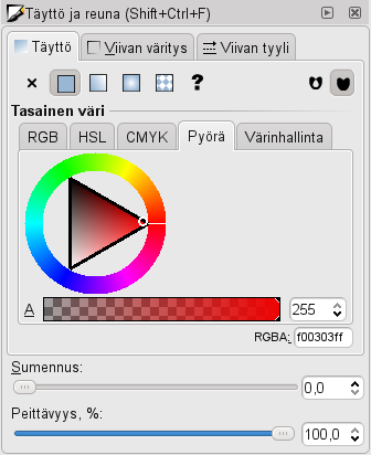 Täyttö ja reunaviiva Täyttö ja viivan väritys löytyvät tyyli-ikkunasta. Asetuksilla otetaan käyttöön värejä ja kuviointeja kohteille ja niiden reunaviivoille. Toiminnot ovat molemmille lähes samat.