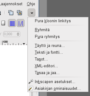 Kuten monissa GTK-sovelluksissa, myös Inkscapessa valikko sisältää ohjelman olennaiset perustoiminnot: Uusi, Avaa, Tallenna, Vie, Lopeta jne. Valikkoon sisältyy myös piirrostoimintoja.