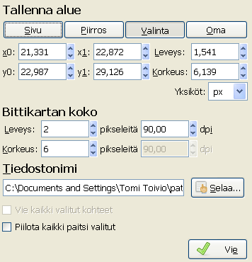 Näet tällaisen ikkunan ilmestyvän: Jos painat nyt Vie, tallennat 32x32 -kokosen PNG-tiedoston käyttöjärjestelmäsi kotihakemistoon.