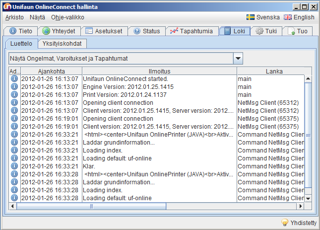 18 4.6 Loki Loki-välilehdellä näytetään Unifaun OnlineConnect -ohjelman sisäiset lokitiedot.