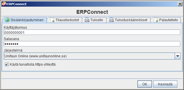 9 4.2 Yhteydet Yhteydet-välilehdellä tehdään tärkeimmät asetukset, jotka vaikuttavat Unifaun OnlineConnect -ohjelman toimintaan.