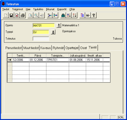 Logica KÄYTTÖOHJE 38 (122) 4.1.5. Toteutuksen tentti Tentit välilehti on toteutuksen uusintatenttejä varten. Rivejä voi lisätä ja poistaa.