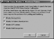 1. Valitse Start (Käynnistä), Programs (Ohjelmat), EPSON Printers ja Monitored printers. 2. Poista niiden tulostimien valintaruutu, joita ei tarvitse valvoa.. Hyväksy asetus valitsemalla OK.