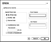 2. Valitse Reserve Job On (Töidenvaraus käytössä) -valintaneliö ja Re-Print Job (Tulosta uudelleen) -valintanappi. 1 2. Kirjoita käyttäjänimi ja työn nimi vastaaviin ruutuihin.