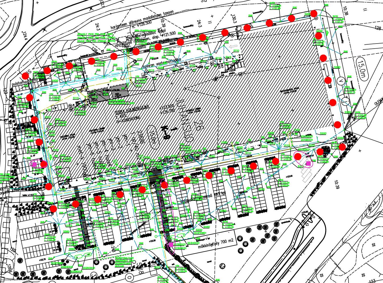 Nokia: Designed energy system 1/2 30-40 boreholes Depth 195 m Boreholes around the building Geoenergy: Heating 700-900