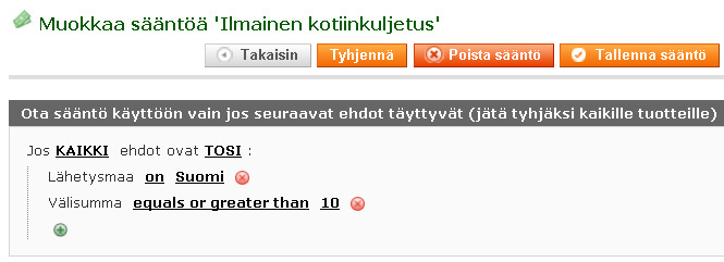 Esimerkissä kaikki ne tilaukset, joiden loppusumma on enemmän kuin 10 ja lähetymaa on Suomi saavat alennuksen.