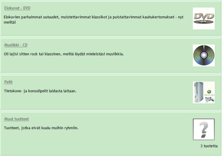 6 Ohjelmalliset sivut Tässä luvussa kuvataan Tisma ekaupan niin kutsutut ohjelmalliset sivut, eli sellaiset sivut joiden sisältö luodaan tietokannan eli käytännössä Tisman tietojen pohjalta. 6.