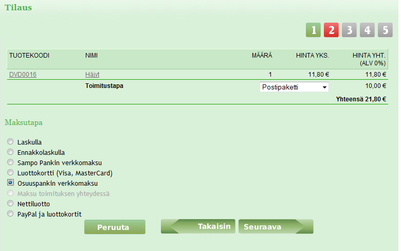 Kuva 7.4: Toimitus- ja maksutavan valinta tilausvaiheessa 2 