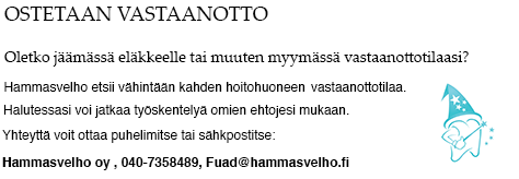 Myydään Myydään Myydään toiminnan muutoksen vuoksi Kuopiossa reilun vuoden käytössä ollut VistaScan mini -kuvanlukulaite hintaan 4900 euroa. Myytävänä myös Quattro Care -öljyämislaite. Yst. tied.
