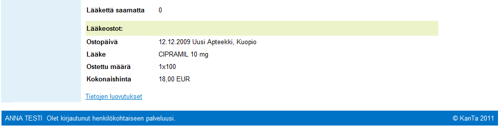 Sähköinen resepti - Valitun sähköisen reseptin tarkemmat tiedot sekä reseptillä suoritetut lääkeostot