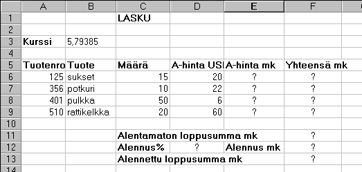 11.8.2000 Excel 97 harjoituksia 3 - KÄYTTÖKATE = MYYNTIKATE - KIINTEÄT KULUT - LIIKEVOITTO = KÄYTTÖKATE - KORKOKULUT VEROT - % LIIKEVAIHDOSTA= LIIKEVOITTO / LIIKEVAIHTO Muuta viimeisen rivin määritys