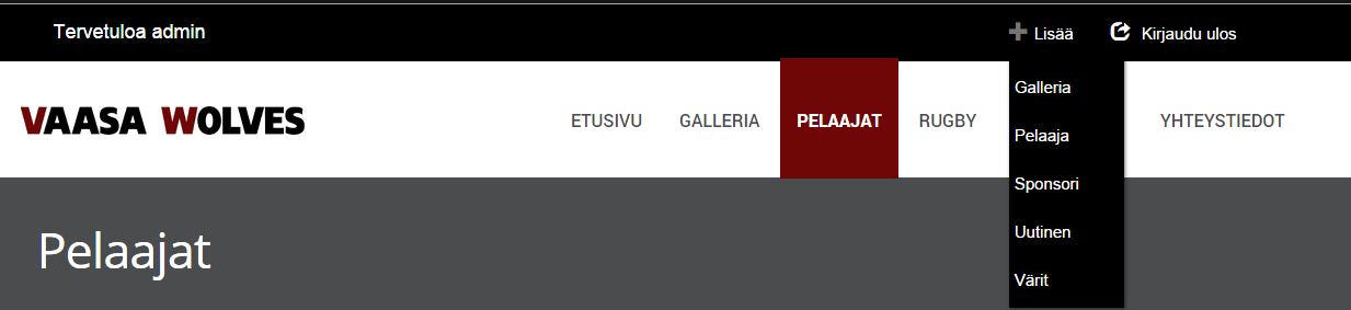 37 5.5.2 Adminvalikko Käyttäjä kirjautuu sisään sivuston alapalkissa olevasta kirjautumisruudusta ja hänelle aukeaa sivustolle admin näkymä.