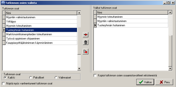 6. Tutkinto ja osat -sivu (Mikäli opiskelija on kiinnitetty ryhmään, kopioituvat nämä tiedot automaattisesti ryhmältä). Hae suoritettava tutkinto HAKU -painikkeella.