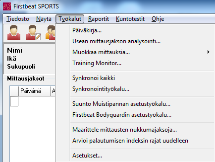 26 1.3.6 Työkalut valikko Työkalut valikko sisältää ohjelman lisätoimintoja. Kuva 24. Työkalut valikko sisältää ohjelman lisätoimintoja. 1.3.6.1 Suunto Muistipannan asetustyökalu Suunto Muistipannan asetustyökalu tarjoaa mahdollisuuden määrittää Suunto Memory Belt asetuksia.