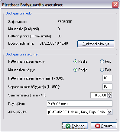 28 Kuva 26. Firstbeat Bodyguard asetustyökalulla voidaan muokata laitteen asetuksia. Synkronoi Bodyguardin sisäinen kello tietokoneen kellon kanssa painamalla nappia Synkronoi aika nyt.