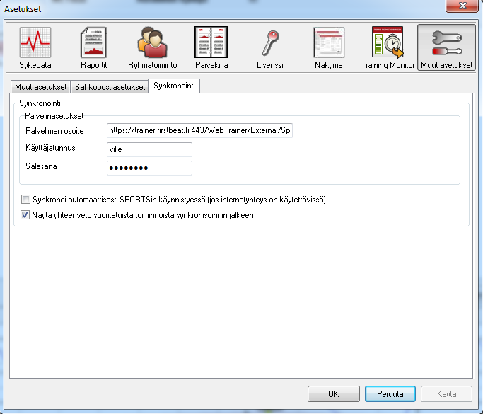 52 1.3.9 Synkronointi Synkronointityökalu vaatii pääsyn Firstbeatin palvelimelle.