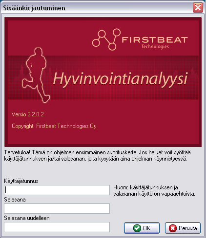 6 Kuva 3. Käynnistettäessä ohjelma ensimmäistä kertaa voidaan määrittää käyttäjätunnus ja salasana.