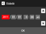 Kameran kellon asettaminen (Säädä) MENU * Asetus * Säädä 1. Kosketa muutettavaa arvoa (vuosi, kuukausi, päivä, tunti, minuutti). 2. Muuta valittuna olevaa arvoa koskettamalla 8 tai 2.
