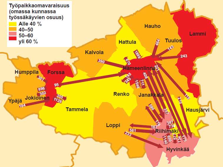 Kanta-Hämeen alueella työmatkojen keskipituudet ovat kasvaneet ja pendelöinti kuntien välillä on lisääntynyt. Keskimääräinen työmatkan pituus Kanta-Hämeessä on 21 kilometriä.