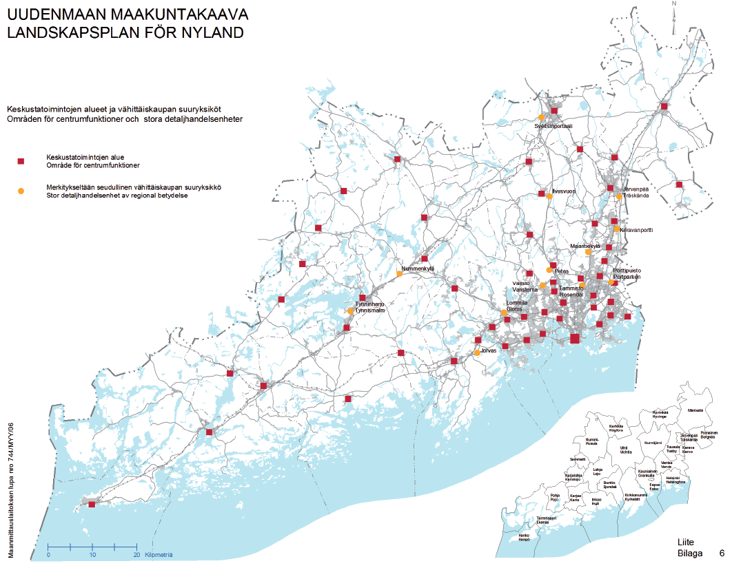 4 Jorvaksen ja Inkilän osayleiskaava-alue Kuva 1. Uudenmaan maakuntakaavan keskustatoimintojen alueet ja vähittäiskaupan suuryksiköt (Uudenmaan liitto 2007).