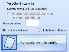 KOKONAISMYYNNIN VERTAILURAPORTTI Kokonaismyynnin vertailuraportti vertaa kuluvaa ja edellistä tilikautta ja näyttää erot prosentteina ja rahamääräisenä.