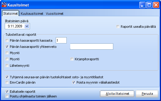 KAUSITOIMET KAUSITOIMET YLEISESTI Kausitoimet- toiminto tekee kirjanpidon vaatimusten mukaisia perusraportteja yrityksen myynnistä päivä- tai kuukausitasolla.