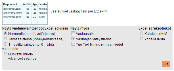 4.1. Excel-tallennusasetukset Excel-raportit tallentuvat xlsx-formaatissa. Tallennuksen lisäasetuksissa voit valita missä muodossa tiedot taulukkoon tallennetaan.